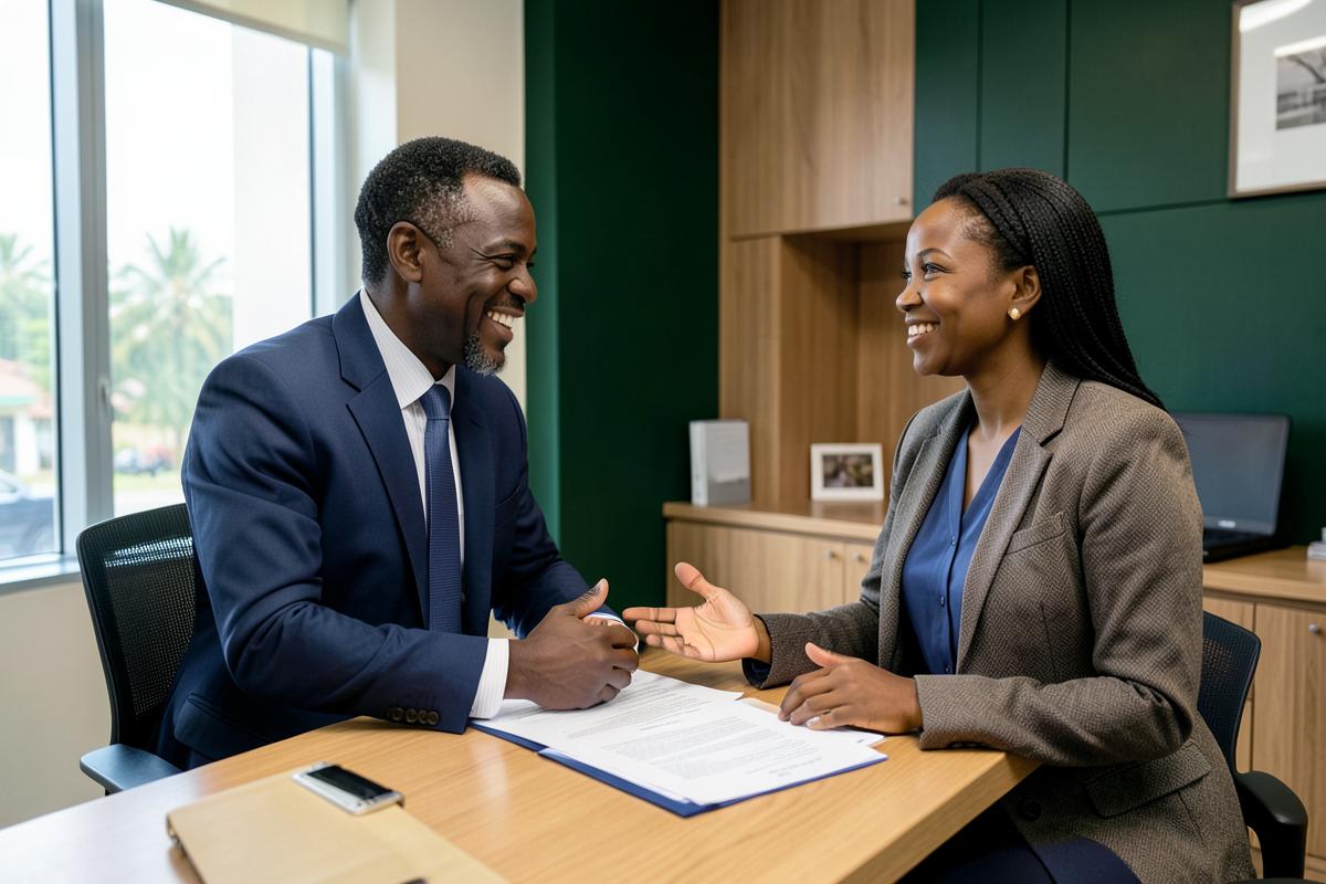Conseiller accompagnant une cliente dans une agence bancaire en Côte d'Ivoire