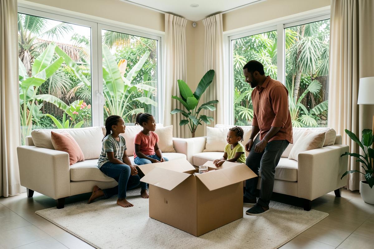 Famille s'installant dans son nouveau logement à Abidjan