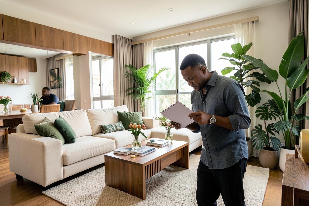 Locataire vérifiant un appartement meublé à Abidjan