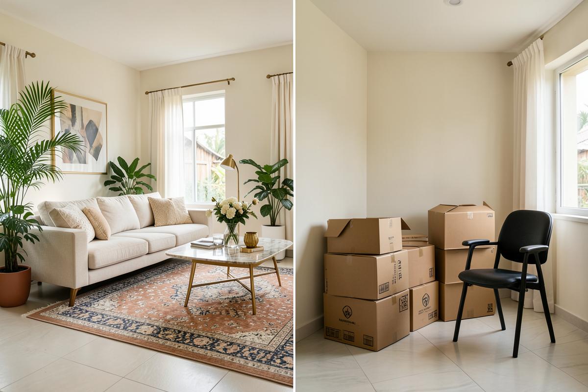 Comparaison entre un salon meublé et un logement à aménager à Abidjan